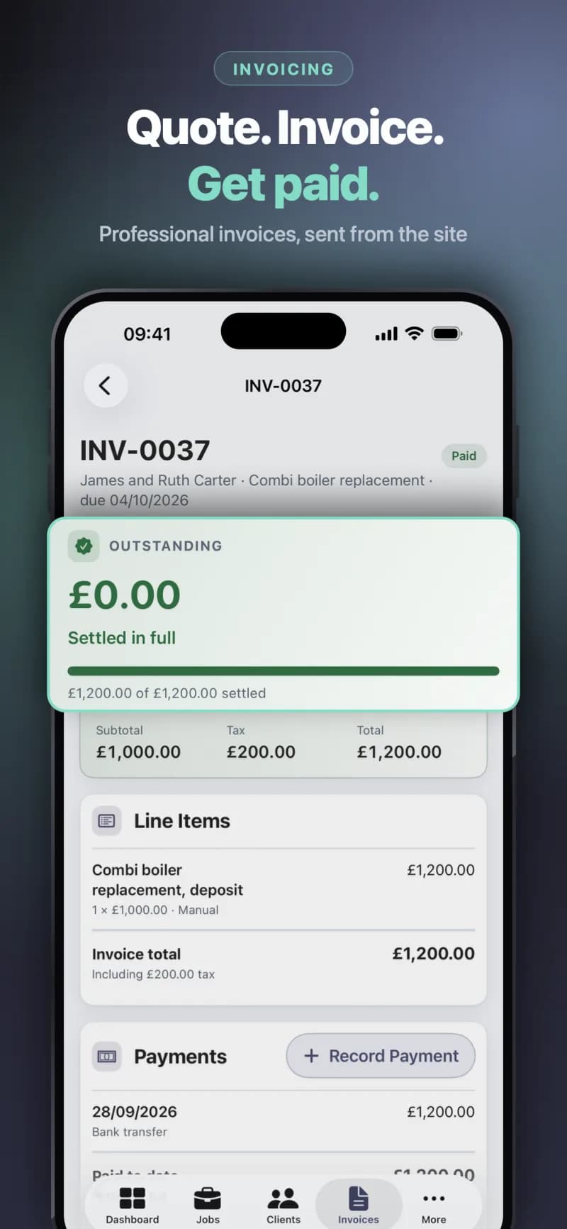 A paid invoice with the outstanding balance settled in full, its line items and the recorded bank transfer
