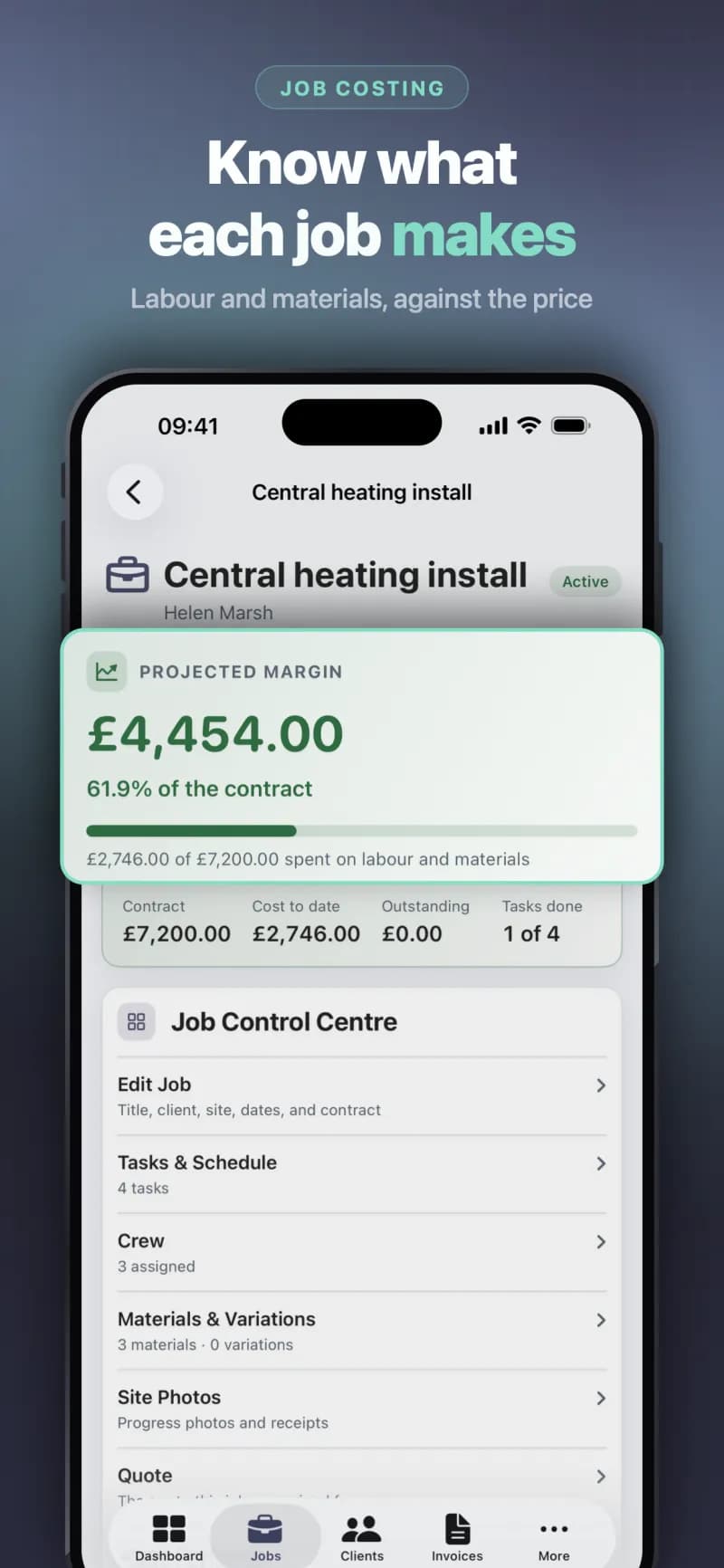 A central heating job with its projected margin, labour and materials costs against the contract price, and the job control centre