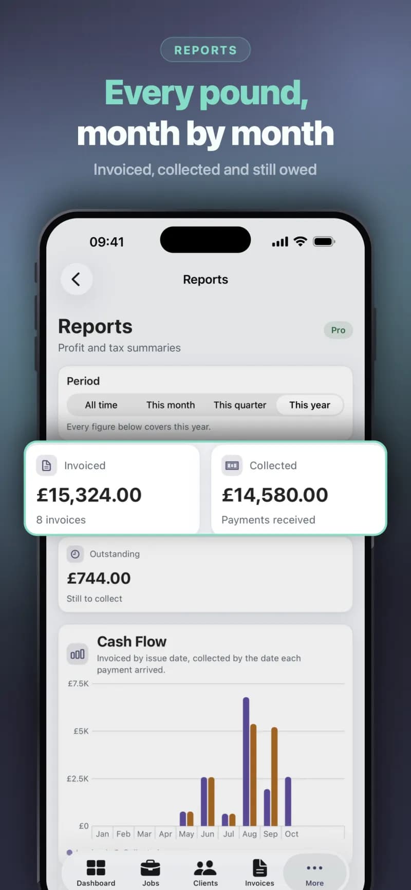 Reports for the year with totals invoiced, collected and outstanding, and a month-by-month cash flow chart