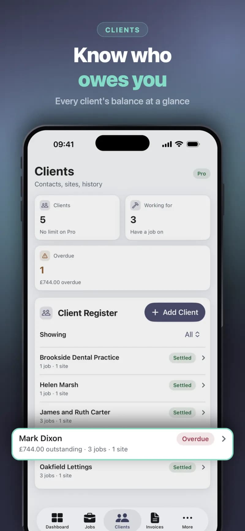 The client register with each client's jobs, sites and balance, and an overdue client highlighted