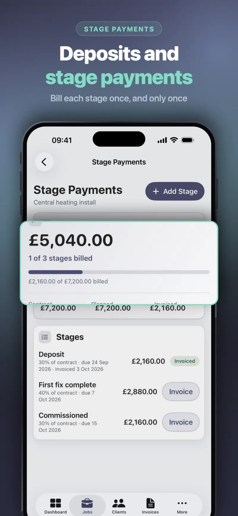Stage payments for a job with the amount still to bill, a deposit already invoiced and later stages ready to invoice