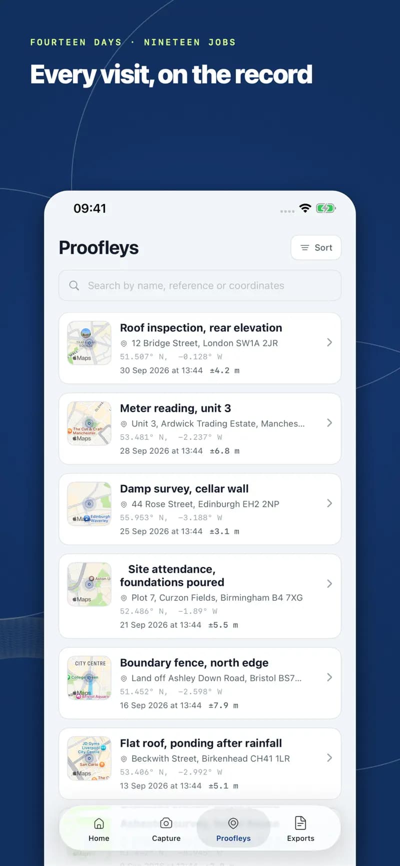 Searchable list of past proofs on iPhone, each job with its address, coordinates, date and GPS accuracy