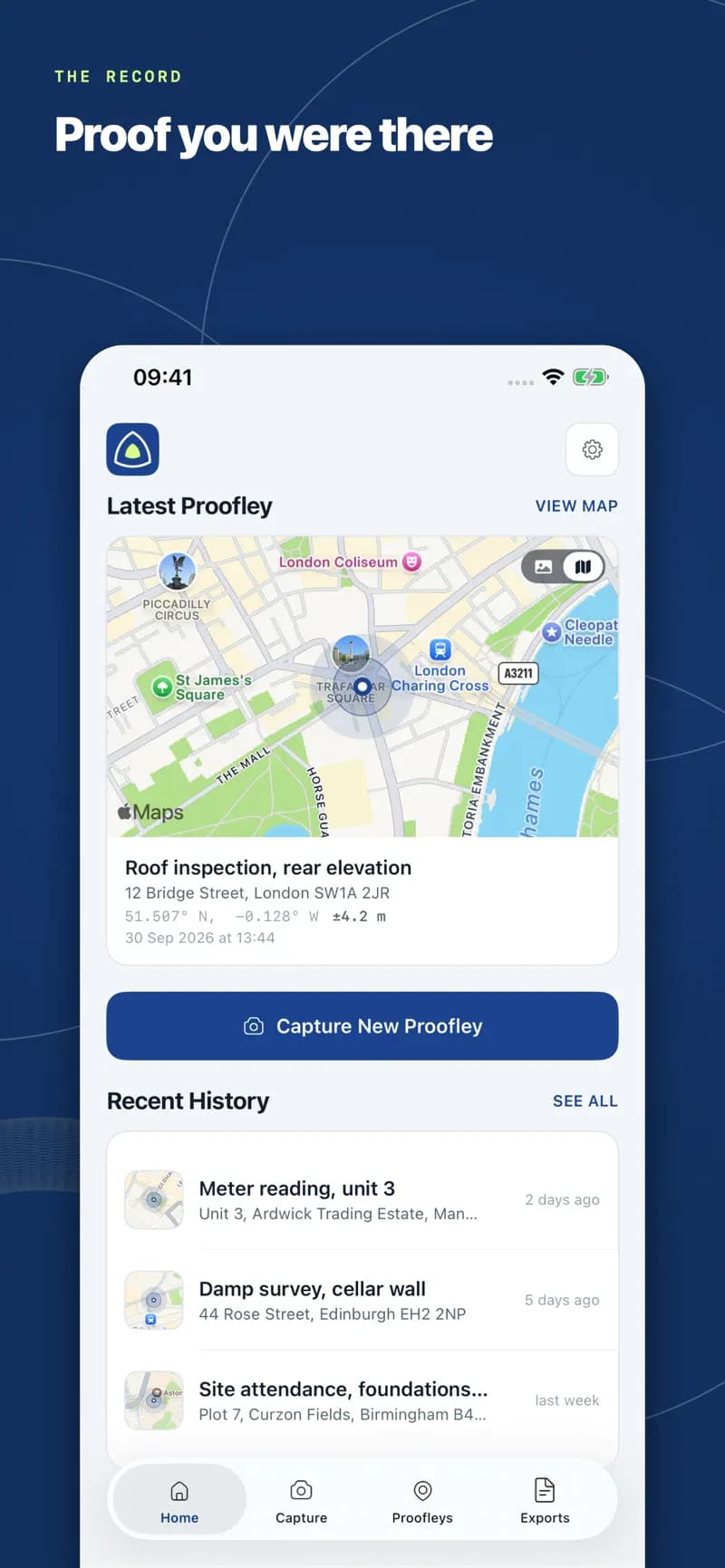 Proofley home screen on iPhone showing the latest proof on a map and recent job site visits