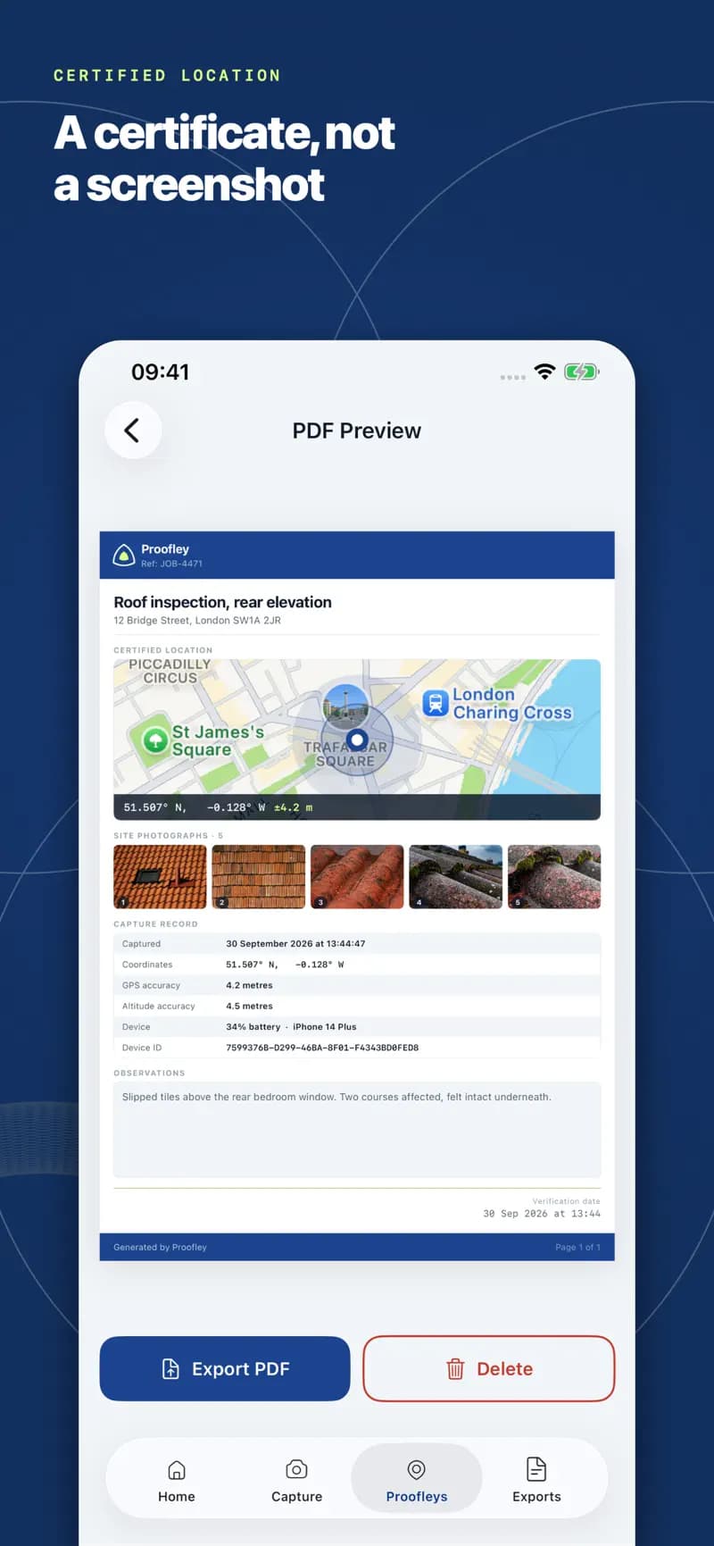 PDF certificate preview on iPhone with map, numbered site photos and capture record, ready to export