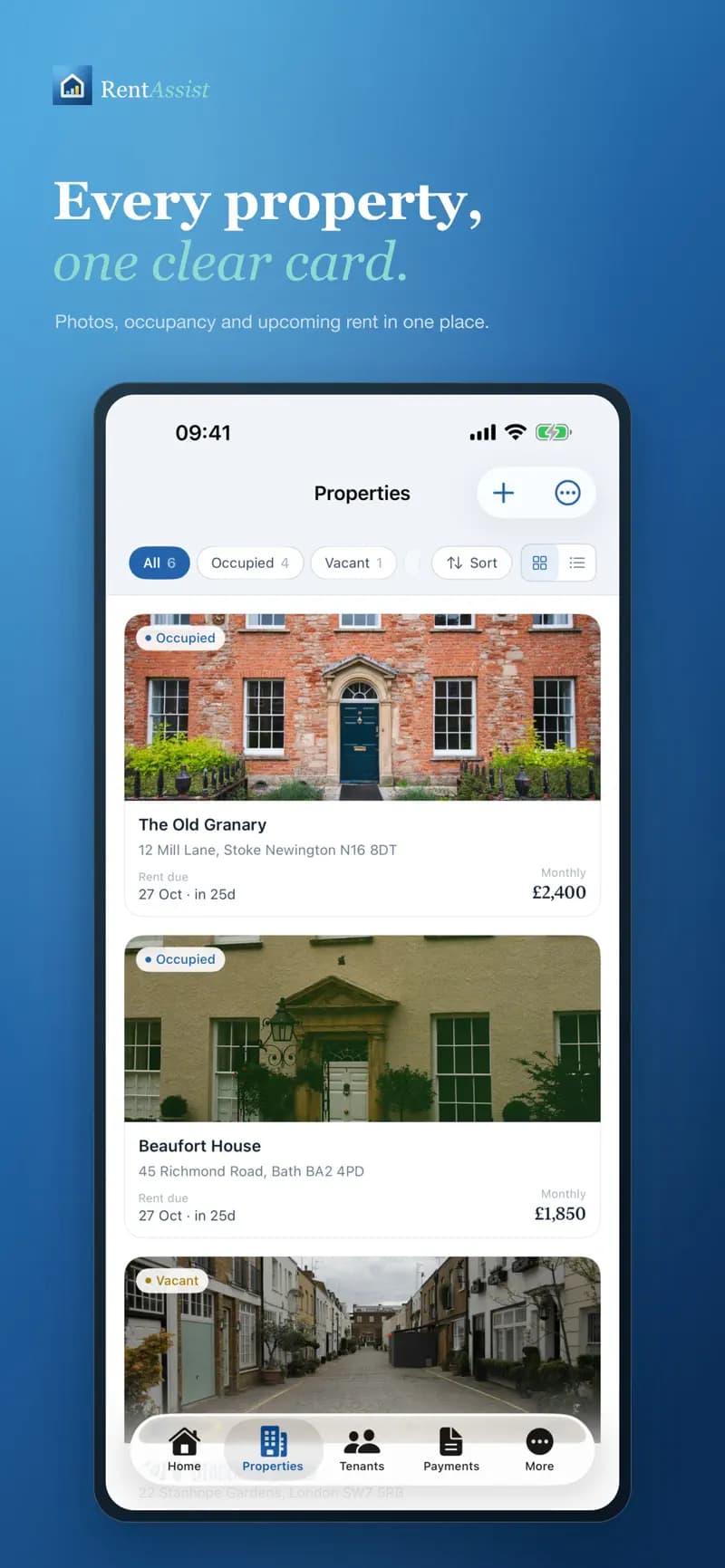 Rental properties shown as photo cards with occupancy status, next rent due and monthly rent