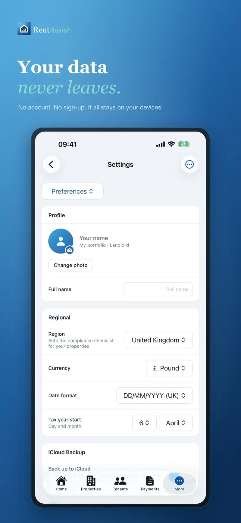 Settings with region for the compliance checklist, currency, date format and tax year start